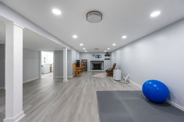 Fireplace, Interior, Recessed Lighting, Wood Texture Flooring