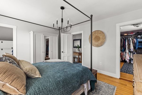 Bedroom, Chandelier, Interior, Wood Texture Flooring