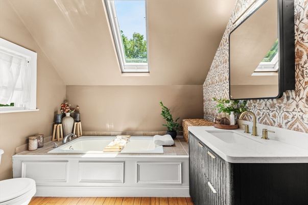 Bathroom, Interior, Tile Countertops, Wood Texture Flooring
