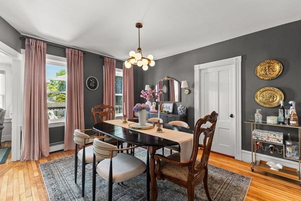 Dining room, Interior, Pendant Lights, Wood Texture Flooring
