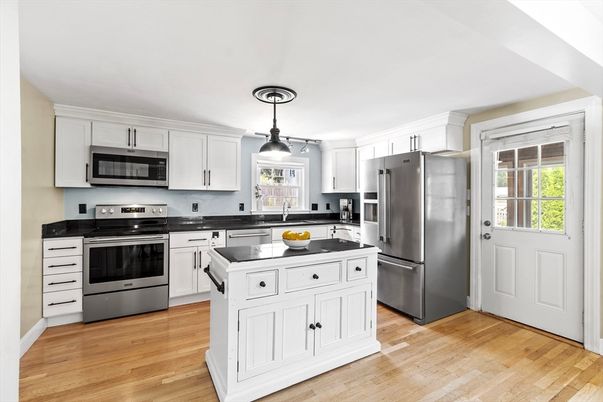 Interior, Kitchen, Pendant Lights, Stainless Steel Appliances, Wood Texture Flooring