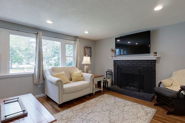 Fireplace, Interior, Recessed Lighting, Wood Texture Flooring