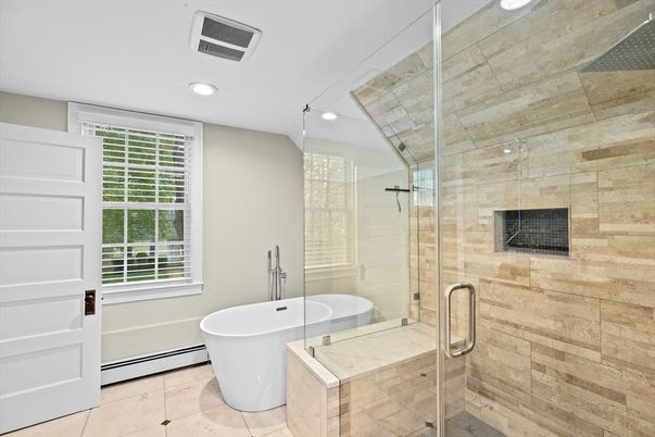 Bathroom, Free Standing Baths, Glass Shower, Interior, Recessed Lighting