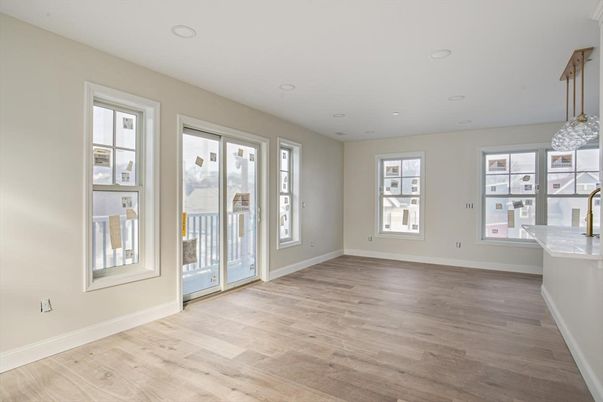Empty room, Interior, Pendant Lights, Recessed Lighting, Wood Texture Flooring