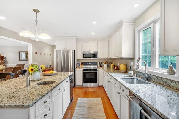 Interior, Kitchen, Pendant Lights, Recessed Lighting, Stainless Steel Appliances, Wood Texture Flooring
