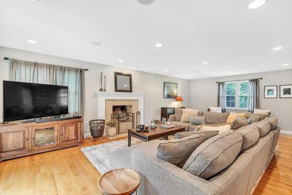 Fireplace, Interior, Living room, Recessed Lighting, Wood Texture Flooring