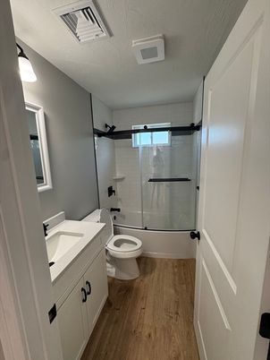 Bathroom, Glass Shower, Interior, Wood Texture Flooring