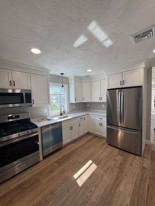 Interior, Kitchen, Pendant Lights, Recessed Lighting, Stainless Steel Appliances, Wood Texture Flooring