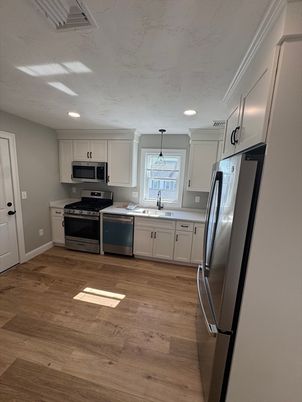 Interior, Kitchen, Pendant Lights, Recessed Lighting, Stainless Steel Appliances, Wood Texture Flooring