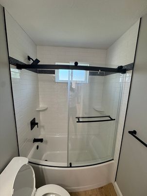 Bathroom, Glass Shower, Interior, Wood Texture Flooring