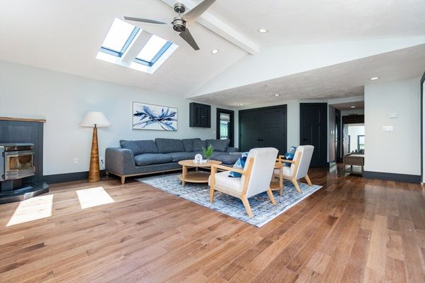 Dining room, Fireplace, Interior, Living room, Recessed Lighting, Wood Texture Flooring