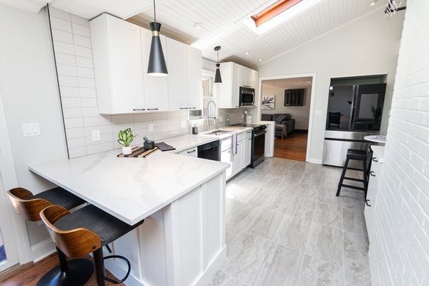 Interior, Kitchen, Marble, Pendant Lights, Recessed Lighting, Stainless Steel Appliances