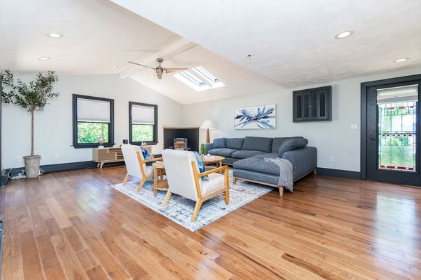 Dining room, Fireplace, Interior, Living room, Recessed Lighting, Wood Texture Flooring