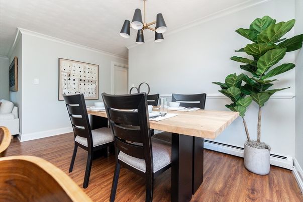 Dining room, Interior, Pendant Lights, Wood Texture Flooring