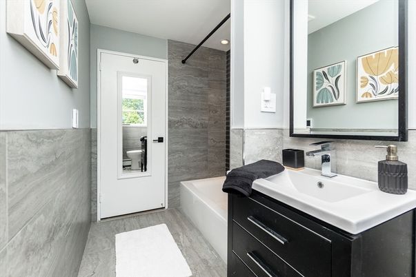 Bathroom, Interior, Marble Walls, Wood Texture Flooring