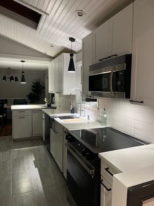 Interior, Kitchen, Pendant Lights, Stainless Steel Appliances, Wood Texture Flooring