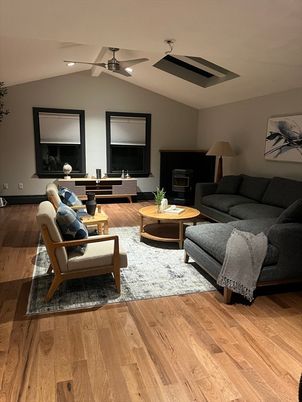 Dining room, Fireplace, Interior, Living room, Recessed Lighting, Wood Texture Flooring