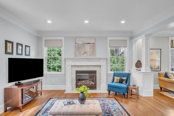 Fireplace, Interior, Living room, Recessed Lighting, Wood Texture Flooring