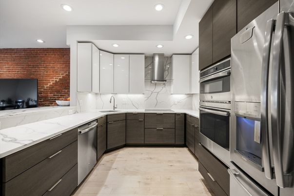 Interior, Kitchen, Recessed Lighting, Stainless Steel Appliances, Stone Walls, Wood Texture Flooring