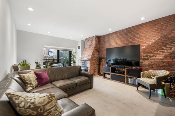 Interior, Living room, Recessed Lighting, Stone Walls, Wood Texture Flooring