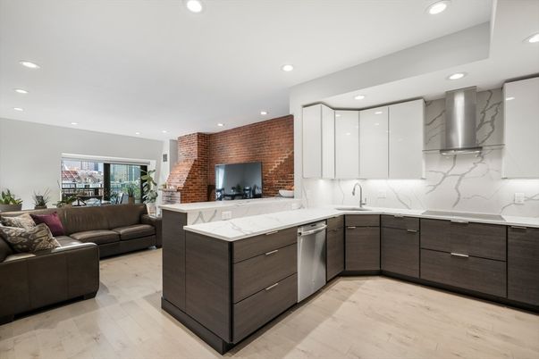 Interior, Kitchen, Living room, Marble Walls, Recessed Lighting, Stainless Steel Appliances, Stone Walls, Wood Texture Flooring