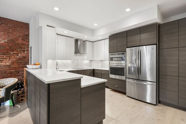 Interior, Kitchen, Recessed Lighting, Stainless Steel Appliances, Stone Walls, Wood Texture Flooring