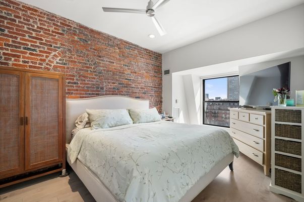 Bedroom, Interior, Recessed Lighting, Stone Walls, Wood Texture Flooring