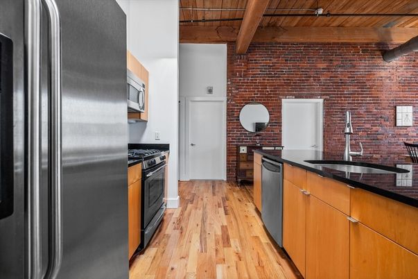Interior, Kitchen, Stainless Steel Appliances, Stone Walls, Wooden Beams, Wood Texture Flooring