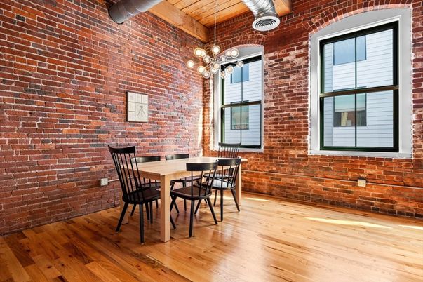 Chandelier, Dining room, Interior, Pendant Lights, Stone Walls, Wood Texture Flooring