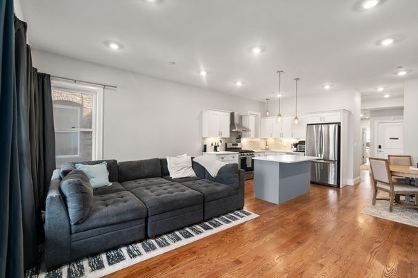 Dining room, Interior, Kitchen, Living room, Pendant Lights, Recessed Lighting, Stainless Steel Appliances, Wood Texture Flooring