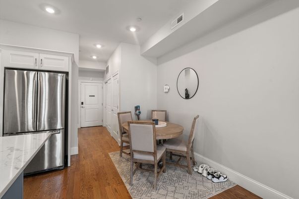 Dining room, Interior, Kitchen, Recessed Lighting, Stainless Steel Appliances, Wood Texture Flooring
