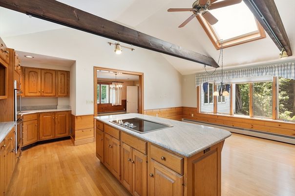 Chandelier, Interior, Kitchen, Pendant Lights, Wooden Beams, Wood Texture Flooring