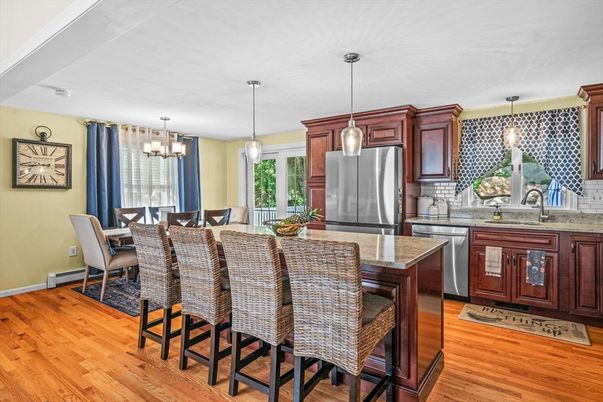 Dining room, Interior, Kitchen, Pendant Lights, Stainless Steel Appliances, Wood Texture Flooring