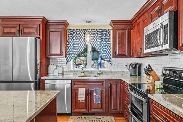 Interior, Kitchen, Pendant Lights, Stainless Steel Appliances, Wood Texture Flooring