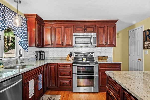 Interior, Kitchen, Pendant Lights, Stainless Steel Appliances, Wood Texture Flooring
