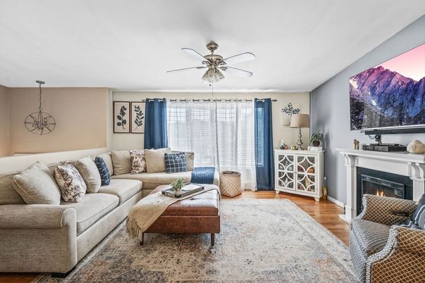 Fireplace, Interior, Living room, Pendant Lights, Wood Texture Flooring