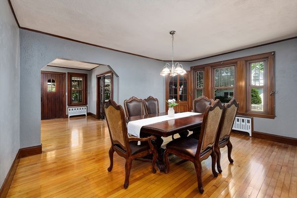 Dining room, Interior, Pendant Lights, Wood Texture Flooring