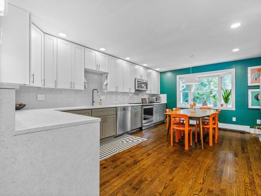 Dining room, Interior, Kitchen, Pendant Lights, Recessed Lighting, Stainless Steel Appliances, Wood Texture Flooring