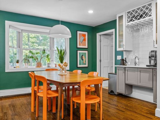 Dining room, Interior, Pendant Lights, Recessed Lighting, Wood Texture Flooring