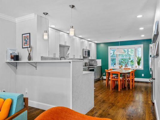 Dining room, Interior, Kitchen, Pendant Lights, Recessed Lighting, Stainless Steel Appliances, Wood Texture Flooring