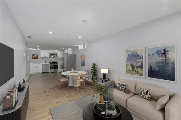 Dining room, Interior, Kitchen, Living room, Recessed Lighting, Stainless Steel Appliances, Wood Texture Flooring