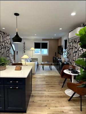 Interior, Living room, Pendant Lights, Recessed Lighting, Wood Texture Flooring