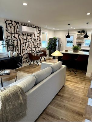 Interior, Living room, Pendant Lights, Recessed Lighting, Stone Walls, Wood Texture Flooring