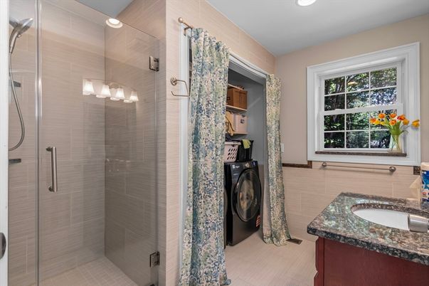 Bathroom, Glass Shower, Interior, Recessed Lighting, Washer