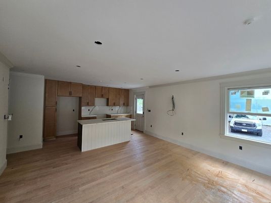 Empty room, Interior, Kitchen, Recessed Lighting, Wood Texture Flooring