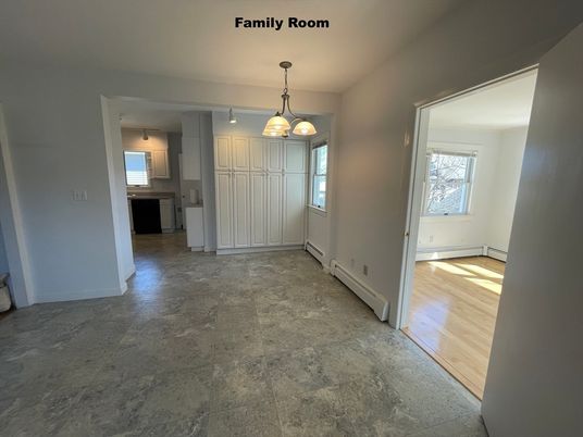 Empty room, Interior, Kitchen, Pendant Lights, Wood Texture Flooring