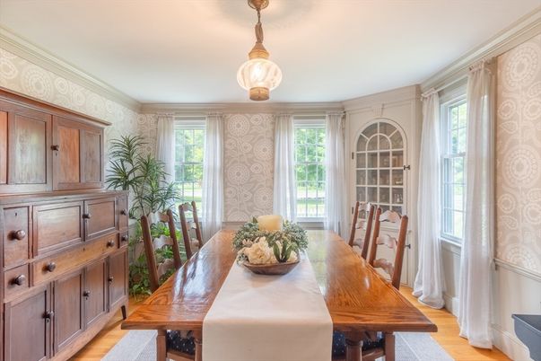 Dining room, Interior, Pendant Lights, Wood Texture Flooring