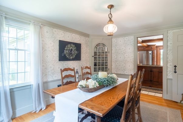 Dining room, Interior, Pendant Lights, Wood Texture Flooring