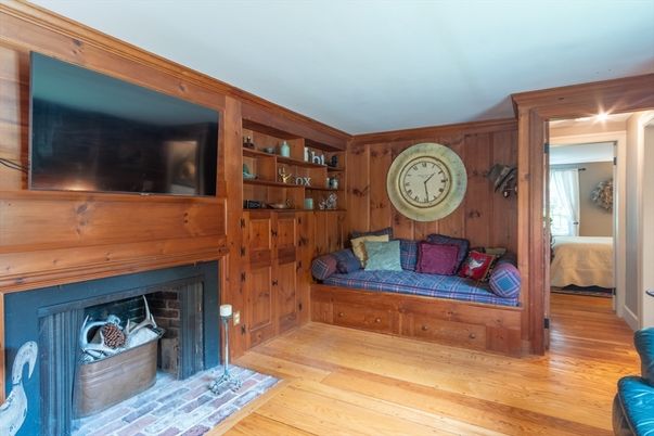 Bedroom, Fireplace, Interior, Wood Texture Flooring, Wooden Walls