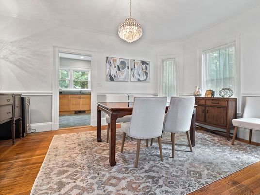 Chandelier, Dining room, Interior, Pendant Lights, Recessed Lighting, Wood Texture Flooring